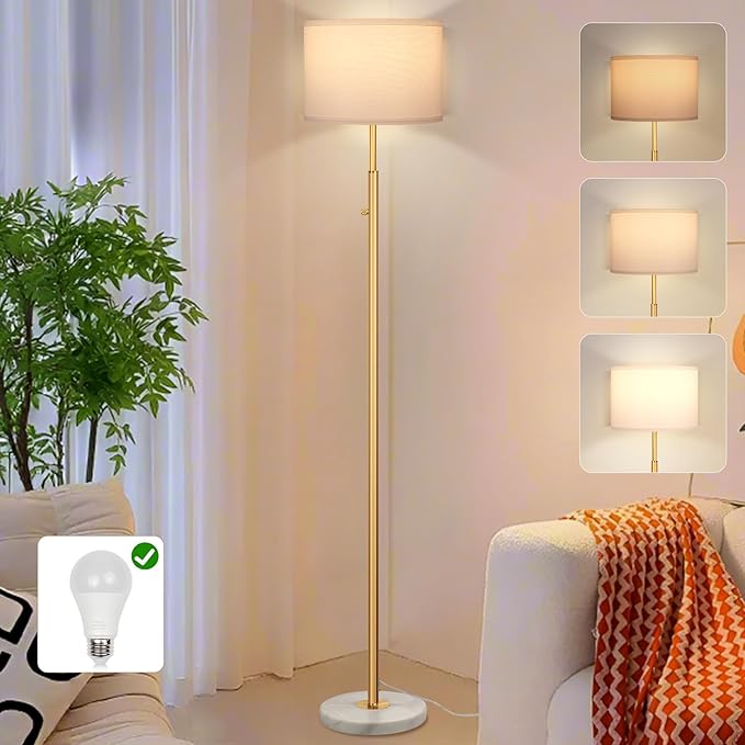 Gold Marble Floor Lamp, Dimmable Tall Standing Lamp with White Linen Shade, 63.7" Modern Gold Floor Lamp for Living Room Bedroom Office, 9W LED Bulb Included