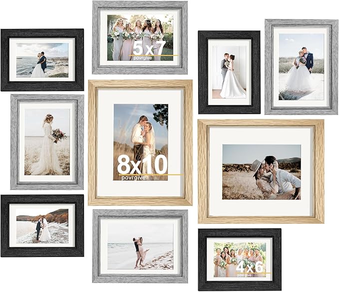 Picture Frames, Made of Real Glass and Wooden Frame, Gallery Photo Frames Set of 10 for Collage Wall Decor, Multi Sizes Including 8x10, 5x7, 4x6 for Mounting or Tabletop Display, Multi Color