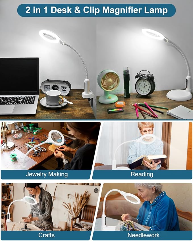 10X Magnifying Glass with Light and Stand, LED 5 Color Modes, Brightness Stepless Dimming Lighted Magnifier Hands Free, Flexible Gooseneck Desk Lamp with Clamp for Close Works, Crafts, Hobby - White