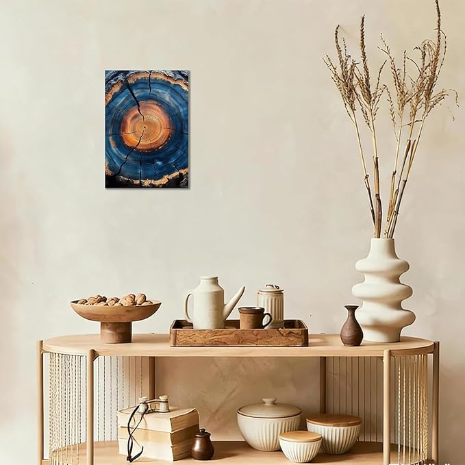IBHJSART Framed Tree Ring Canvas Wall Art Blue Wall Art Wood Stump Painting Prints Modern Minimalist Pictures Neutral Nature Rustic Farmhouse Decor Living Room Bedroom Bathroom Office