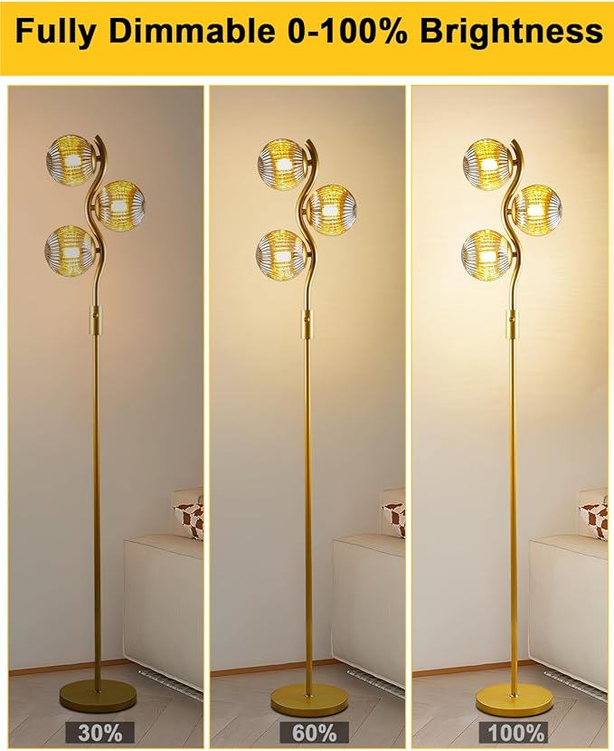Lightdot 60IN Dimmable Gold Floor Lamp with 3 Glass Globe Mid Century Standing Lamps with 3Pcs 3000K Bulbs Included Stepless Brightness Adjustable Modern Tall Lamp for Bedroom/Sofa Beside/Corner Decor