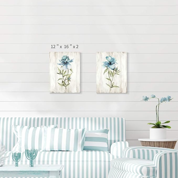 Flower Painting Canvas Wall Art: Blue Botanical Floral Artwork Wildflower Picture Print for Living Room (12'' x 16'' x 2 Panels)