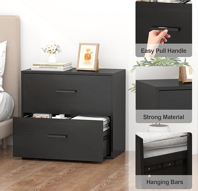 2 Drawer Lateral File Cabinet, Printer Stand Black Filing Cabinets for Home Office and School, Wood Rattan File Cabinet for Hanging Files/Letter/Legal Size, Black