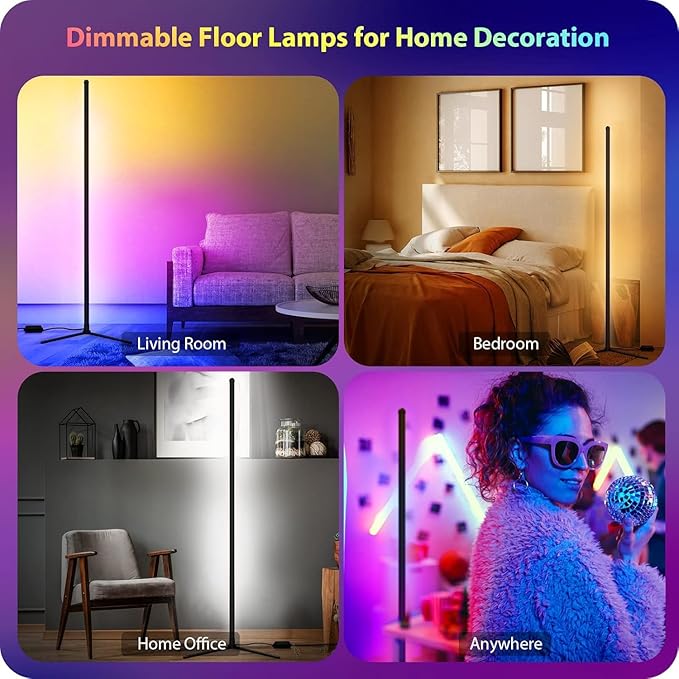 LED Floor Lamp, RGB Corner Floor Lamp with APP Remote Control,Black Standing Lamp with 16 Million Colors Changing Ambience Light with Music Sync,DIY Mode for Living Room, Bedroom (1)
