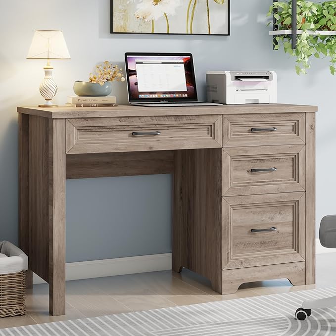 Farmhouse Executive Desk with Drawers, Wood Computer Desk with Ample File Drawer, Rustic Home Office Desk with Storage for Bedroom, Living Room, Grey