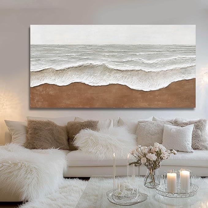 Artexist Textured Wall Decor Ocean Wall Painting White Line Wall Art Posters 29"x58" Large Pictures for Living Room Dining Room