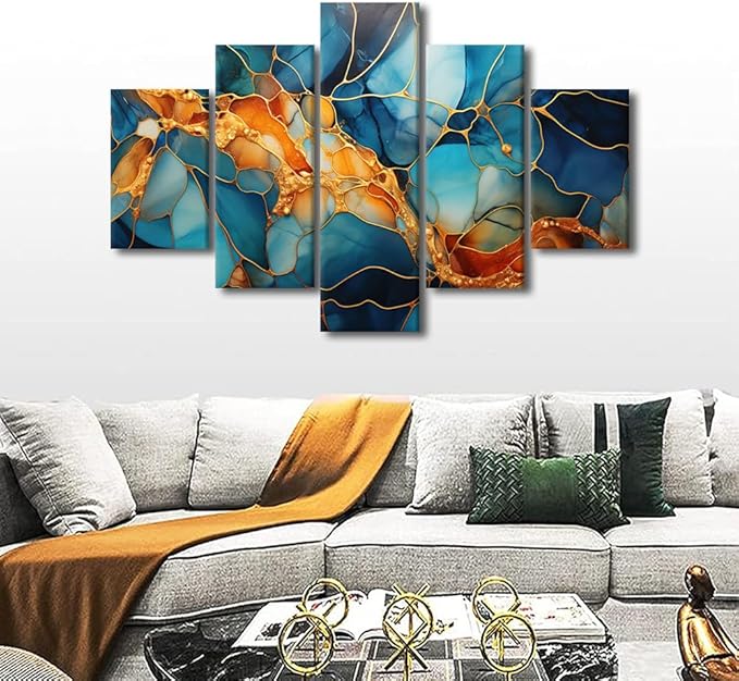 Canvas Wall Art Decor Abstract Canvas Wall Art Modern 5 Panel Colorful Glass Window Poster Golden Lines Painting Art Prints for Living Room Decoration Stretched and Framed Ready to Hang 60x40 in