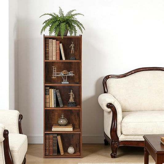 5-Tier Narrow Bookcase for Small Spaces, Freestanding Bookshelf Organizer with Open Shelves for Home Office, Bedroom, Apartment, Kids Room, Storage for Books, Toys and Bins, Rustic Brown