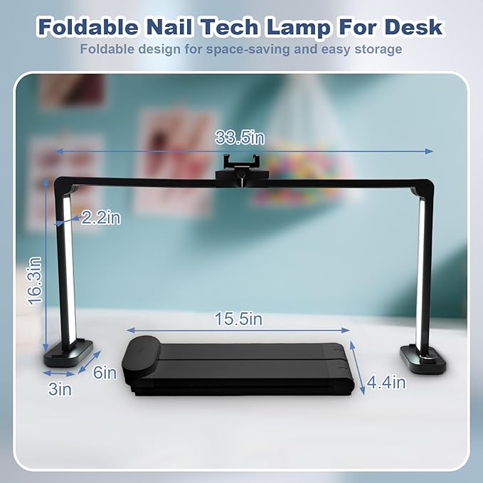 CGBE Foldable Nail lamp for Desk: Large Wide Half Moon Light with Phone Holder for Nail Salon Technicians - No Glare Craft Desk Light for Manicure lash Task for Esthetician 33.5'' - Black