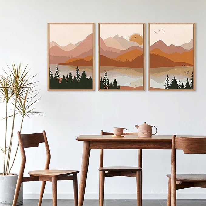HLNIUC Burnt Orange Wall Decor, Boho Mountain 16x24 Wall Art Framed Large, Southwest Terracotta Nature Art Canvas Painting, Mid Century Modern Rustic Sunset Prints for Living Room, Bedroom, Office