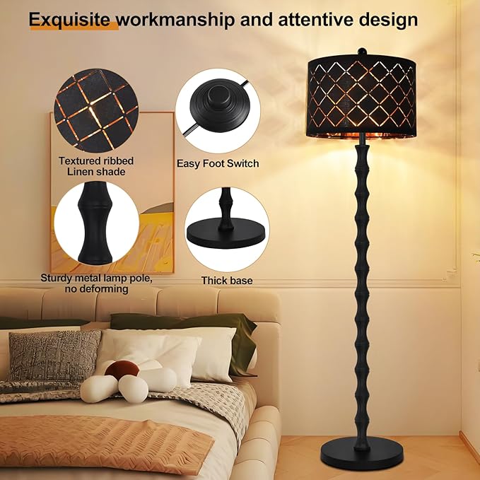 Gothic Vintage Floor Lamp for Living Room Bedroom,Black Standing Tall Lamp with Drum Lampshade,Farmhouse Unique Floor Lamps,Mid Century Modern Iron Floor Lamp for Office Corner(Bulb Included)