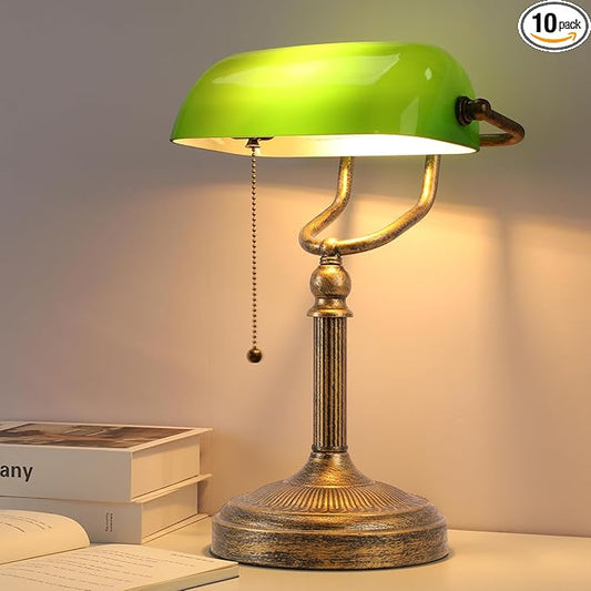 NISSAFORS Bankers Desk Lamp, Green Glass Shade, Vintage Desk Lamp with Pull Chain Switch, Retro Table Lamps for Home Office (Retro Gold+Green, Large)