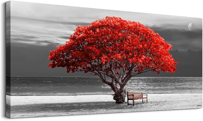 wall art for living room Decorations Photo Prints - panoramic black and white with red trees The moon Landscape - Modern Home Decor The room Stretched and Framed Ready to Hang artwork 20x40inches