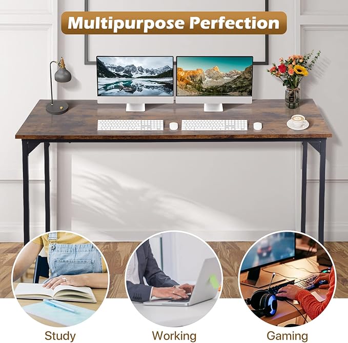 Dkelincs Computer Desk 47” Writing Desk Modern Simple Style Office Desk with Metal Frame for Home Office Easy Assembly, Brown