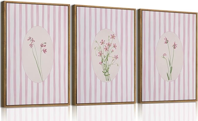 3 Piece Floral Framed Wall Art Pink Wildflower Canvas Wall Art Flower Pictures Wall Decor Boho Botanical Paintings Poster Prints for Girly Room Bedroom Living Room