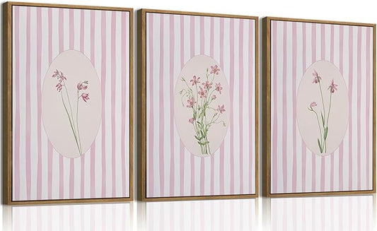3 Piece Floral Framed Wall Art Pink Wildflower Canvas Wall Art Flower Pictures Wall Decor Boho Botanical Paintings Poster Prints for Girly Room Bedroom Living Room