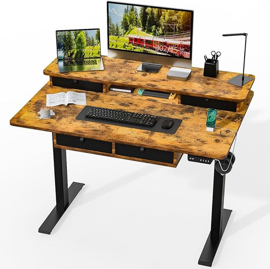 Kingant 48 x 30 Inch Electric Standing Desk with 4 Drawers, Adjustable Height Computer Desk for Home Office, Large Workstation Sit Stand Up Desk with Built-in USB A/C Charging Ports, Rustic Brown