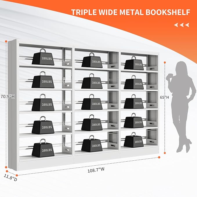 71" Metal Book Shelf, 5 Tier Bookshelf with Adjustable Shelves, Bookshleves and Bookcases, Heavy Duty Library Book Case, Expandable Combination Bookshelf (White, 108.3" W)