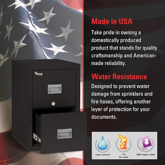 FireKing Patriot Vertical 2 Drawer Legal and Letter Fire Safe File Cabinet with Key Lock, 1 Hour Fire Rated, UL Rated & Water Resistant Home Safe, Made in The USA, Black