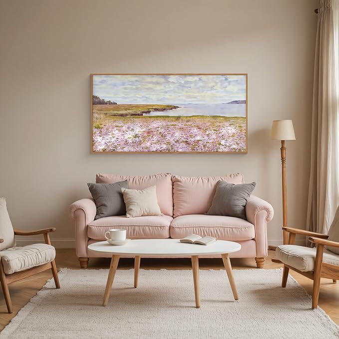HOURIA Spring Watercolor Pink Floral Coastal Landscape Framed Canvas Wall Art Set,Nature Inspired Wildflower & Meadow Cottage Field Wall Decor,Modern Seaside Beach Artwork for Living Room,Farmhouse-20"x40"x1