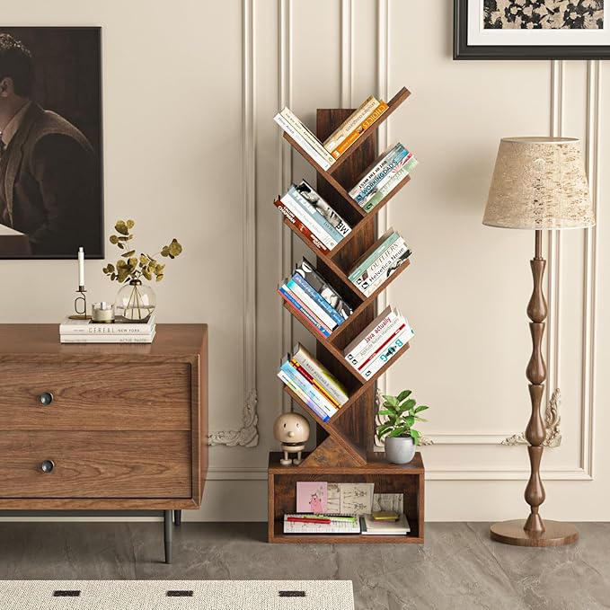 9 Tier Tree Bookshelf,Christmas Green Bookcase for Narrow Space, Storage Organizer Floor Standing Bookshelves for Books, Tall Book Case for Home Office, Living Room, Bedroom