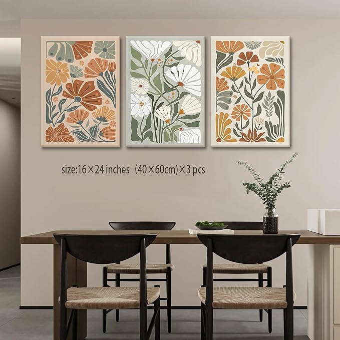 KISSFOX Framed Canvas Wall Art Abstract Floral Botanical Print Set of 3 Green Beige Wildflower Flower Market Paintings Boho Modern Minimalist Pictures Decor Bedroom Bathroom Living Room 16"x24"