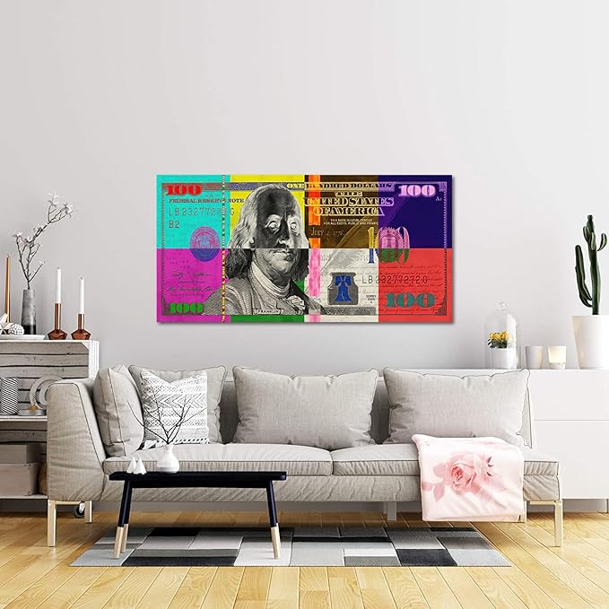 Color Money Canvas Paintings Wall Art Vivid Colorful 100 USD Print Abstract Creative Benjamin Franklin Hundred Dollar Bill Artwork Modern Home Office Decoration, Framed & Easy to Hang-48 Wx24 H