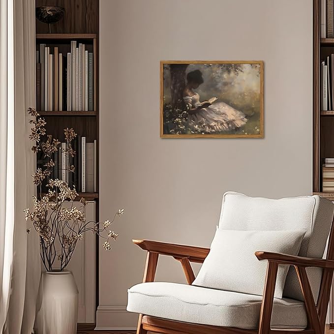 Framed Vintage Wall Art, Moody Black Girl Reading Book Pictures Wall Decor, Victorian Woman African American Paintings Canvas Prints Aesthetic Artwork for Home Living Room Bedroom 12x16 inch