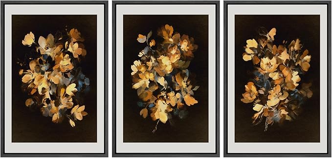 SIGNFORD Framed Wall Art Print Set Golden Blossom Watercolor Floral Warm Botanical Digital Art Modern Art Contemporary for Living Room, Bedroom, Office - 16"x24"x3 BLACK