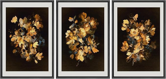SIGNFORD Framed Wall Art Print Set Golden Blossom Watercolor Floral Warm Botanical Digital Art Modern Art Contemporary for Living Room, Bedroom, Office - 24"x36"x3 BLACK