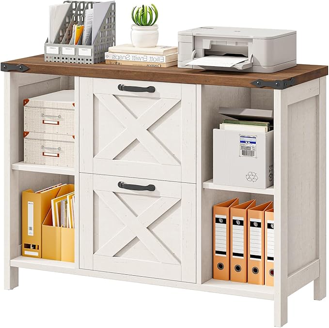 Vabches File Cabinet with 2 Drawers, Farmhouse Lateral File Cabinet Fits Files Letter/A4 Size, Wooden Filing Cabinet with Adjustable Shelves Printer Stand for Home Office, Rustic White