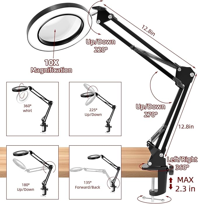 Desk Lamp with Lighting Magnifying Glass: 10x Magnifying Glass Light with 3 Color Modes and 10 Levels of Dimming