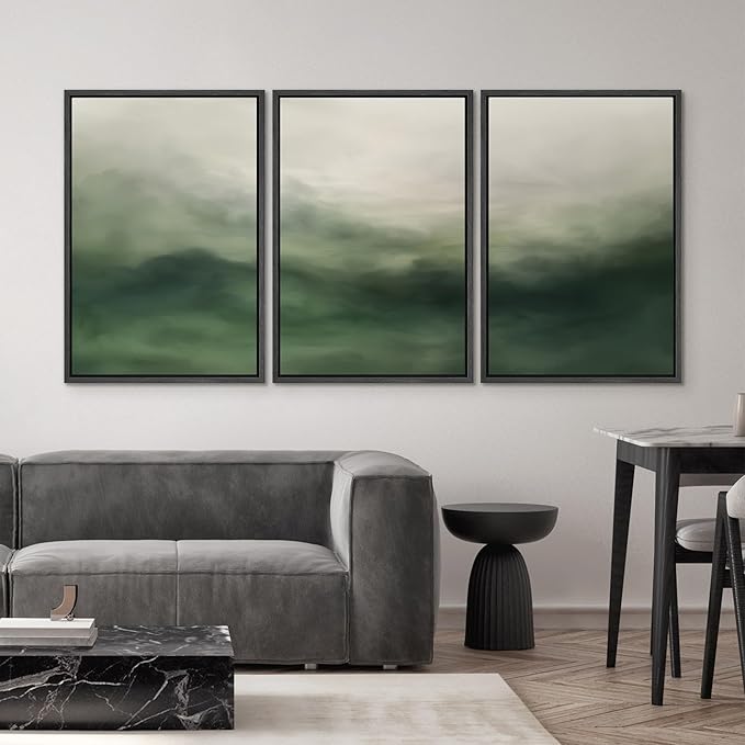 SIGNWIN Framed Canvas Print Wall Art Set Abstract Green Misty Landscape Illustrations Modern Art Decorative Boho Relax/Zen Nordic for Living Room, Bedroom, Office - 16"x24"x3 Black