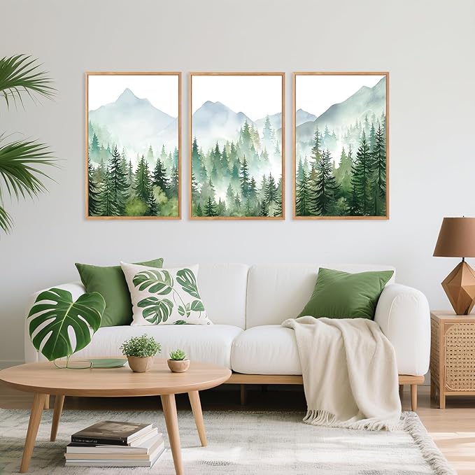 CHDITB Mountain Landscape Framed Canvas Wall Art(24"x36"), 3 Panels Boho Nature Forest Artwork Prints, Large Abstract Modern Green Pine Trees Art Decor for Bedroom Living Room Office