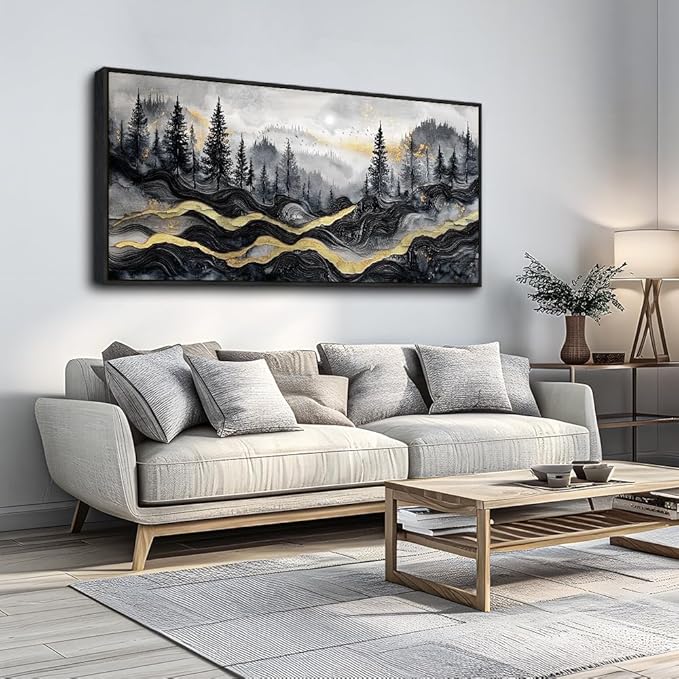 KELIYUAAN Large Canvas Wall Art For Living Room Black Framed Wall Decor For Bedroom Office Home Decorations Prints Pictures Abstract mountain landscape Painting Artwork Wall Aesthetics 20"X40"