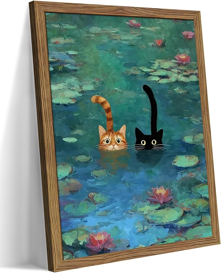 Framed Cat Wall Art, Vintage Whimsical Claude Monet Canvas Wall Decor Painting, Cute Funny Water Lilies Cat Poster Print Picture for Living Room Bedroom Bathroom 12x16 Inch