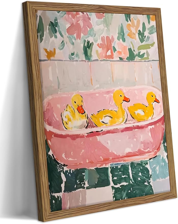 Framed Funny Bathroom Wall Art Decor, Yellow Duck in Pink Bathtub Canvas Wall Decor Painting, Cute Whimsical Animal Poster Print Picture for Girls Bathroom Nursery 16x24 Inch