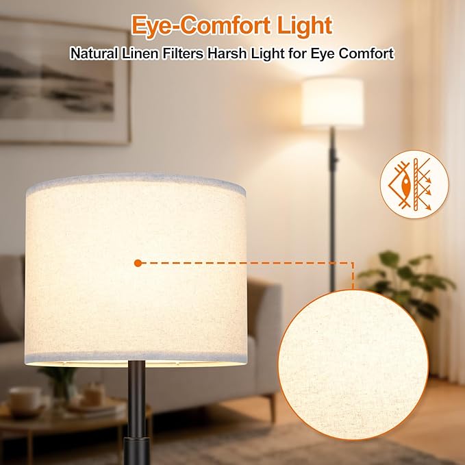 【Upgraded】 Dimmable Floor Lamp for Living Room,1000 Lumens Bulb Included, Modern Floor Lamps Simple Design with Linen Shade, Tall Standing Lamp for Bedroom Office Dining Room, Black Pole Lamp