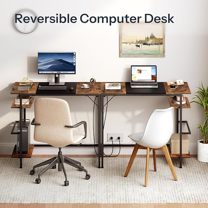 HOOBRO Computer Desk, Home Office Desk with Power Outlet, Writing Desk with 2 Shelves, Modern Small Desk for Home Office, Study, Easy to Assemble, Rustic Brown and Black BF43UDN01