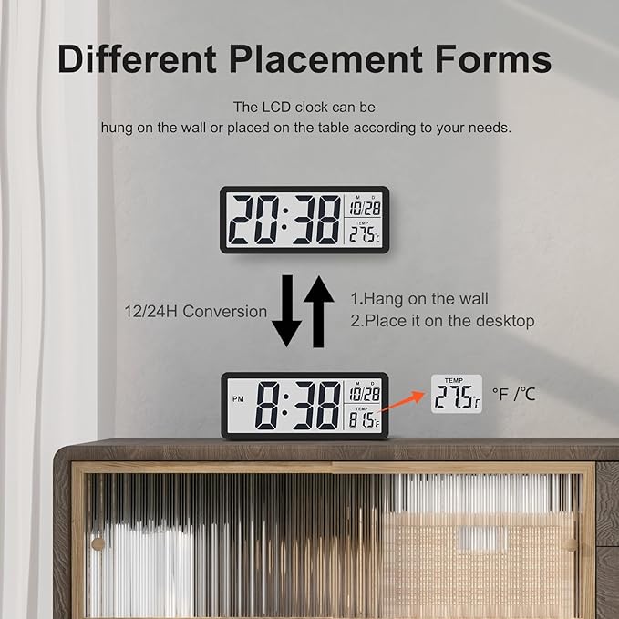 JoFomp LCD Digital Wall Clocks Battery Operated, 8.5" Modern Wall Clocks for Living Room Decor, Simple Digital Wall Clock with Temperature/Date/Time - 12/24H, Small Desk Clock for Bedroom Office