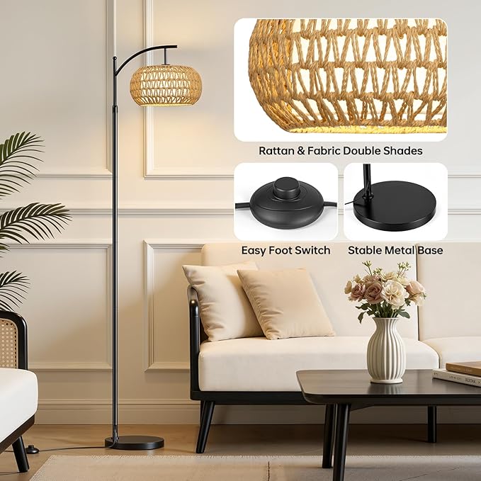 Arc Floor Lamps for Living Room Rattan Boho Floor Lamp with Shade, Boho Standing Lamp with Rattan & Fabric Shades, Adjustable Tall Lamp for Living Room Bedroom