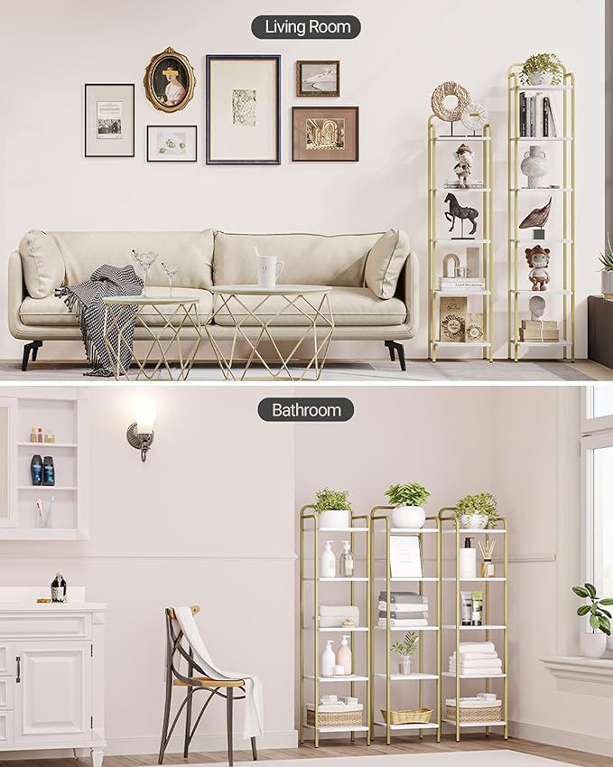 Bookcase Bookshelf, Narrow Book Shelf, Industrial Corner Shelf Storage Organizer, Slim Shelving Unit for Home Office, Living Room, Bedroom, Kitchen, 5-Tier White Gold BC24513G