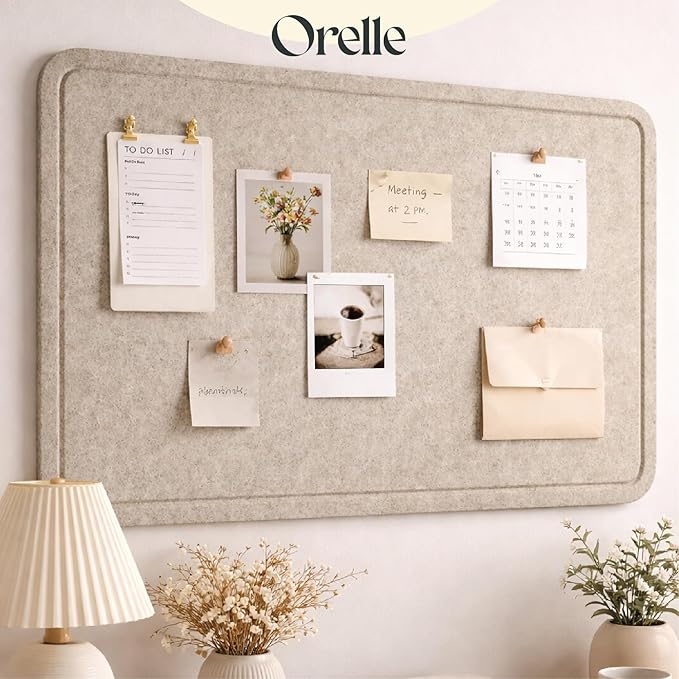 Orelle Felt Bulletin Board | 48 x 35” | Foldable Peel and Stick Felt Board for Wall | Alternative Cork Board for Office, Message Board, Kids Art Display | Beige
