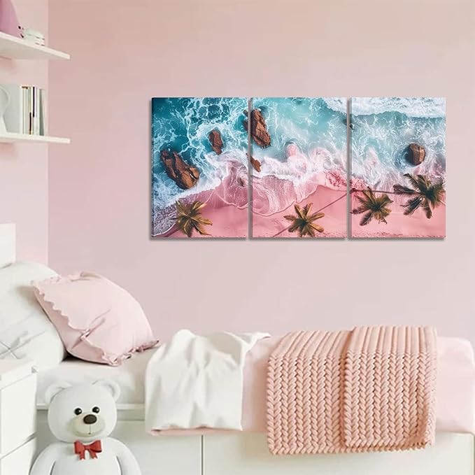 3Pcs Pink Beach Canvas Wall Art Tropical Coastal Palm Trees Wall Decor Pictures Preppy Ocean Wave Landscape Posters Prints for Living Room Bedroom Teen Girls Room Artwork Home Decoration Unframed