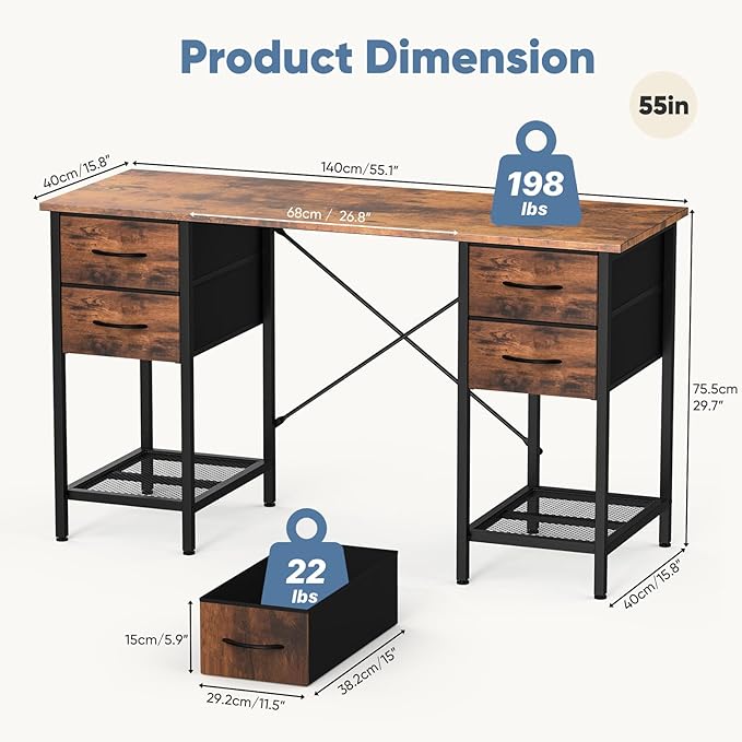 DUMOS Computer Desk 55 Inch with 4 Drawers Home Office Table with Mesh Shelf for Work Study Writing Gaming Storage Furniture for Bedroom, Rustic Brown