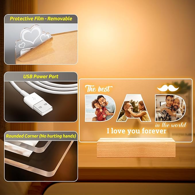 Personalized Gifts for Dad, Custom Picture Frames with Photo, Personalized Photo Frame with Night Light, Customized Birthday Gifts for Dad