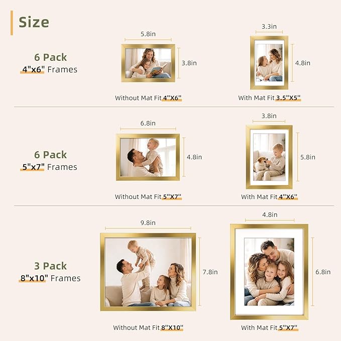 HappyHapi 15 Pack Gold Picture Frames Collage Wall Decor, Gallery Wall Frame Set for Mounting & Tabletop Display, Multi Sizes including 3pcs 8x10, 6pcs 5x7, 6pcs 4x6