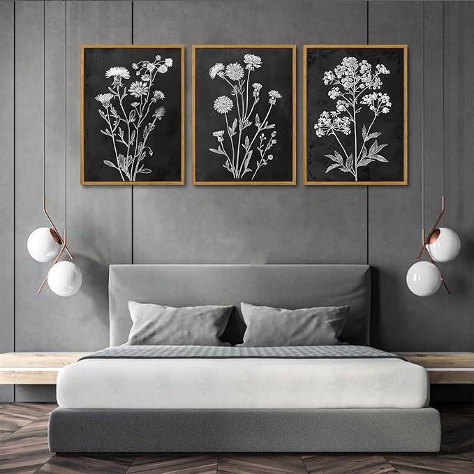 KISSFOX Framed Floral Botanical Canvas Wall Art Vintage Black Background Plant Poster Prints Set of 3 Grey and White Wildflower Painting Modern Farmhouse Decor Pictures Living Room Bathroom Bedroom (Black Floral, 16"x24" Natural Framed)