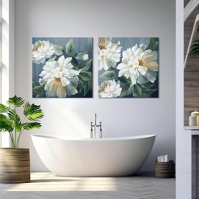 SEVEN WALL ARTS White Flower Canvas Wall Art Blooming Floral Painting Abstract Flowers Navy Blue Pictures Modern Artwork for Living Room Bedroom Bathroom 24"x24"