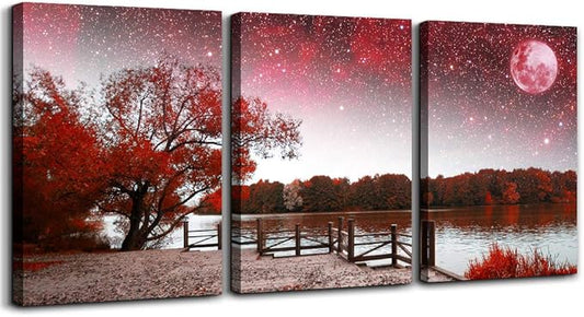 Wall Art Decor Poster Living Room abstract Red Tree Moon Starry Sky Landscape Painting Bathroom Wall Decor Bedroom Canvas Prints 3 Piece Picture Works Ready to Hang Office Home decoration Artwork